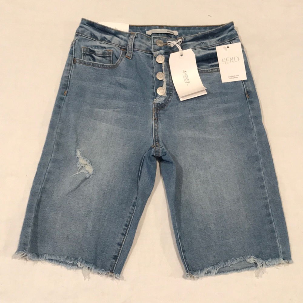 Denim High Rise Bike Short Intentional Fading Lightly Destructed Snap Opening XS
